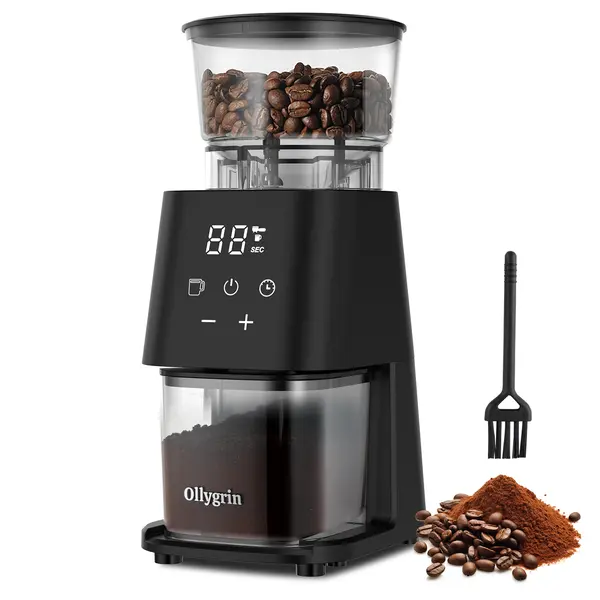 Ollygrin Electric Conical Burr Coffee Grinder, 30 Precise Grind Settings for Espresso, Drip & French Press, Compact Burr Mill with Touchscreen Control, Anti-Static & Easy Cleaning, Black