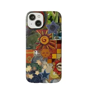 DarlingCase Vintage Collage Oil Painting Stars, the sun phone case,Cute Glossy Protective Case for IPhone Case for IPhone17 ProMax 16Pro 15 14 13 12 11 Durable Silicone Double-layer Protective Cover Gift for Girls