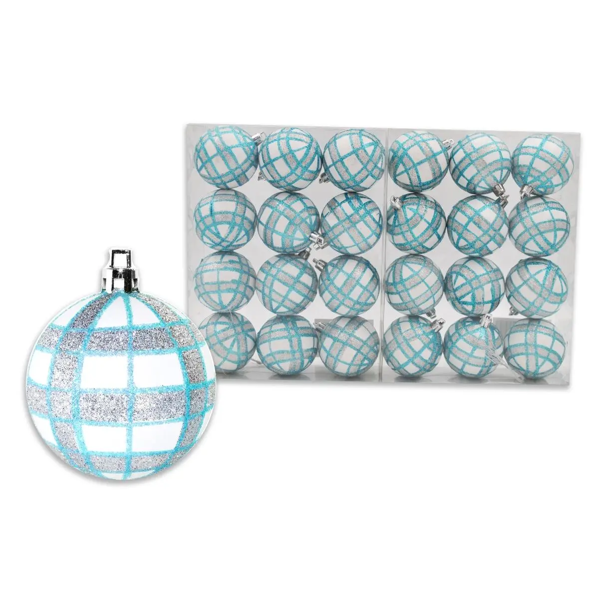 212 MAIN Plastic Shatterproof Ball-Shaped Christmas Ornaments - Aqua & Silver Plaid, White, Traditional Festive Home Ornaments, Pack of 24, Ornament