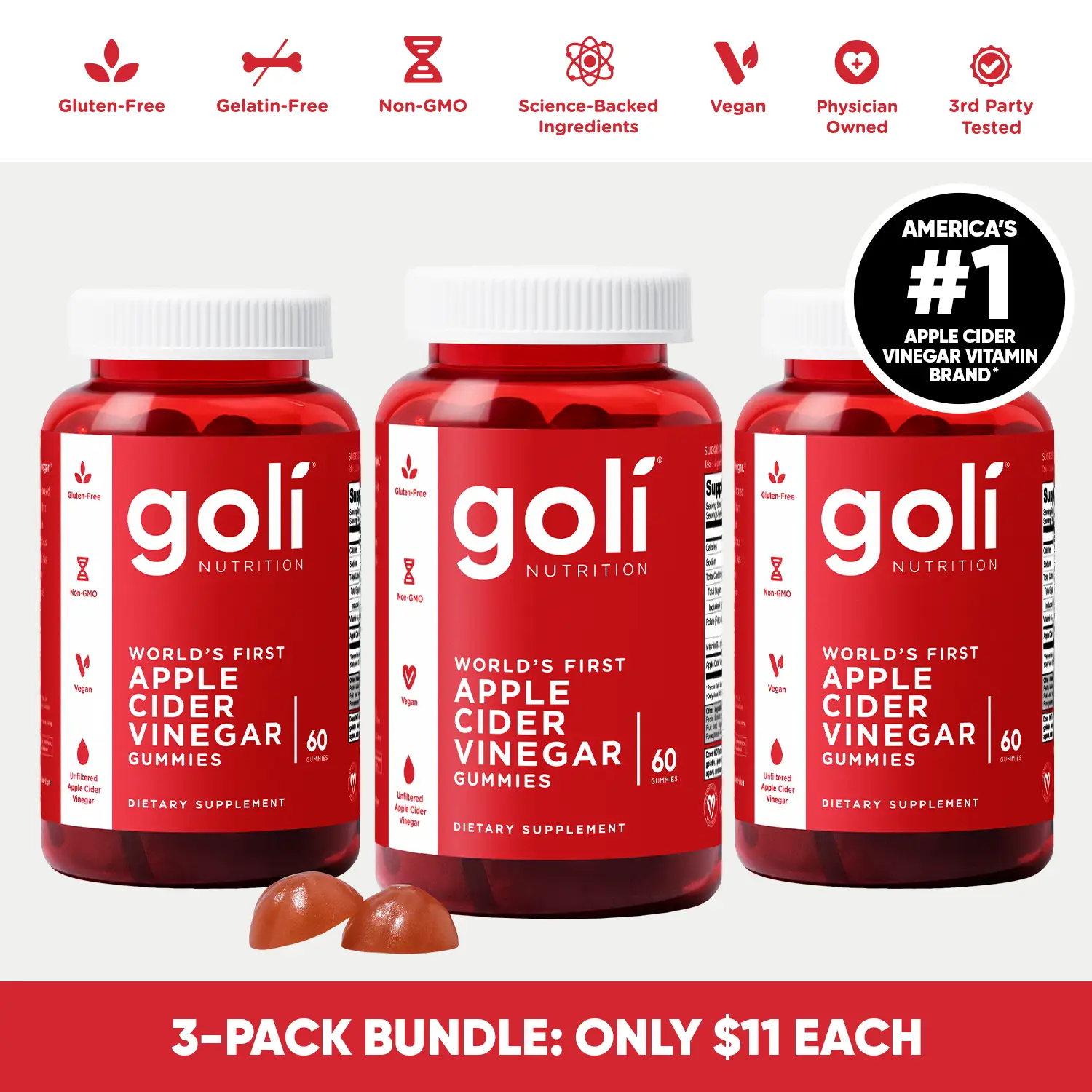 3 Bottles of Goli Apple Cider Vinegar Gummy Vitamins - Vitamin B12, Gelatin-Free...