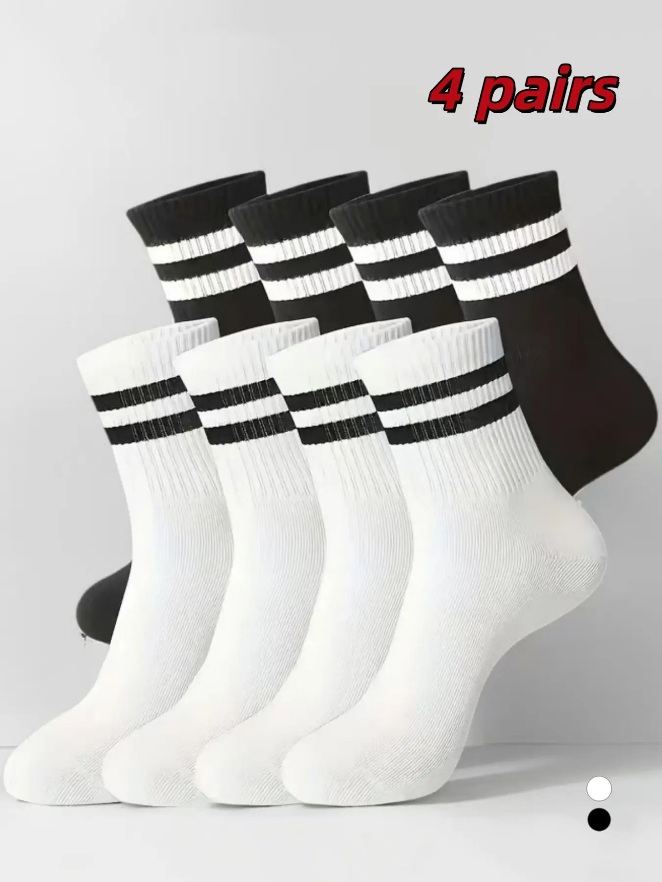 4 Pairs of Unisex Two-Stripe Mid-Calf Socks - Breathable & Moisture-Wicking, Casual Stylish Socks, Suitable for Sports, Casual, Business, and Work, Polyester-Spandex Blend, Black & White Color Scheme, Versatile Daily Wear Sock Set