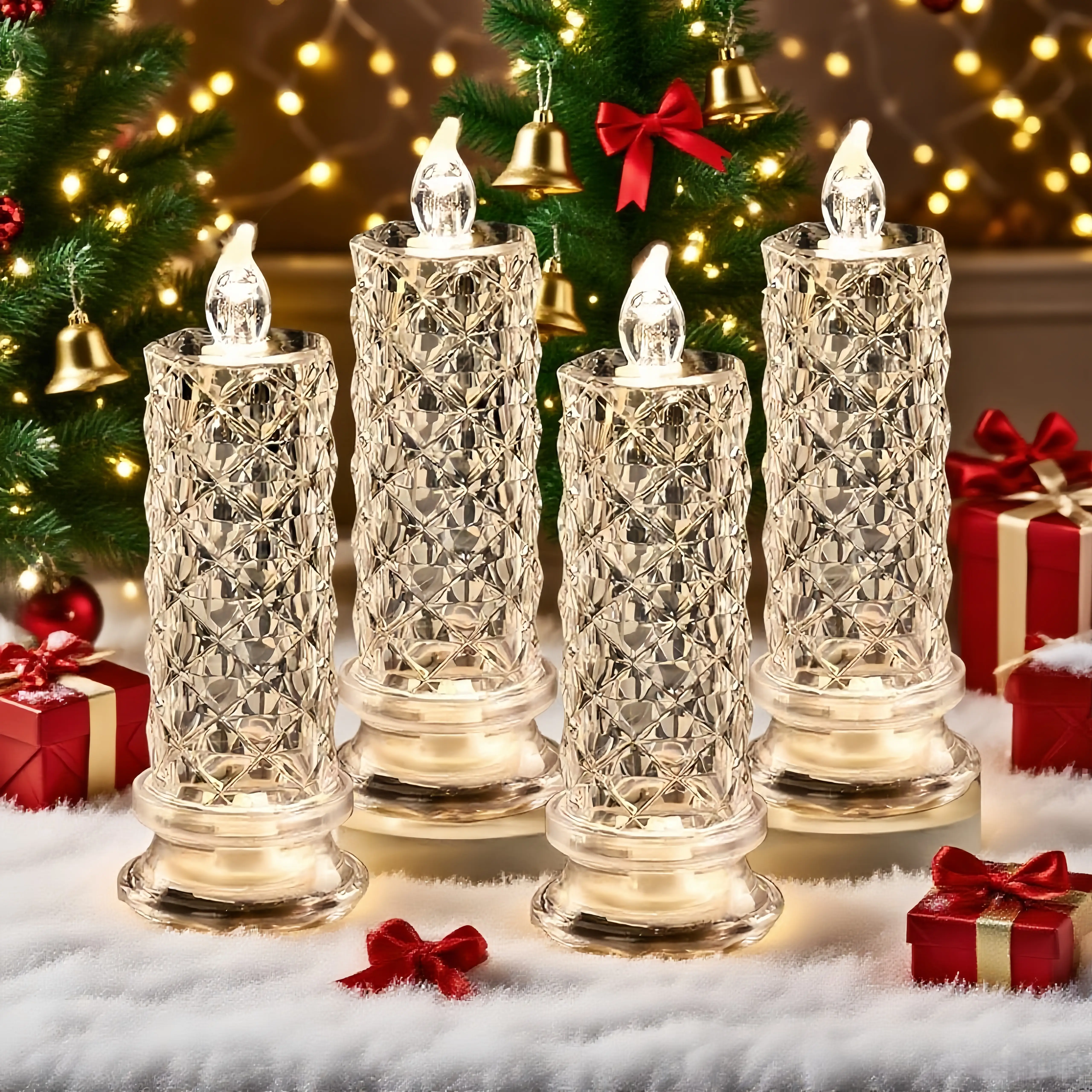 Set of 4, LED Crystal Candle Lights - Romantic Tabletop Night Lights for Bedroom Decorations, Gifts, Anniversary and Parties, Suitable for Wedding, Bi