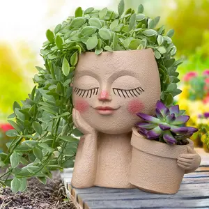 Face Plant Pot Gifts for Mom from Daughter, Double Flower Pots for Indoor Outdoor Plants Resin Head Planter with Drainage Hole Cute Lady Face Plant Pots