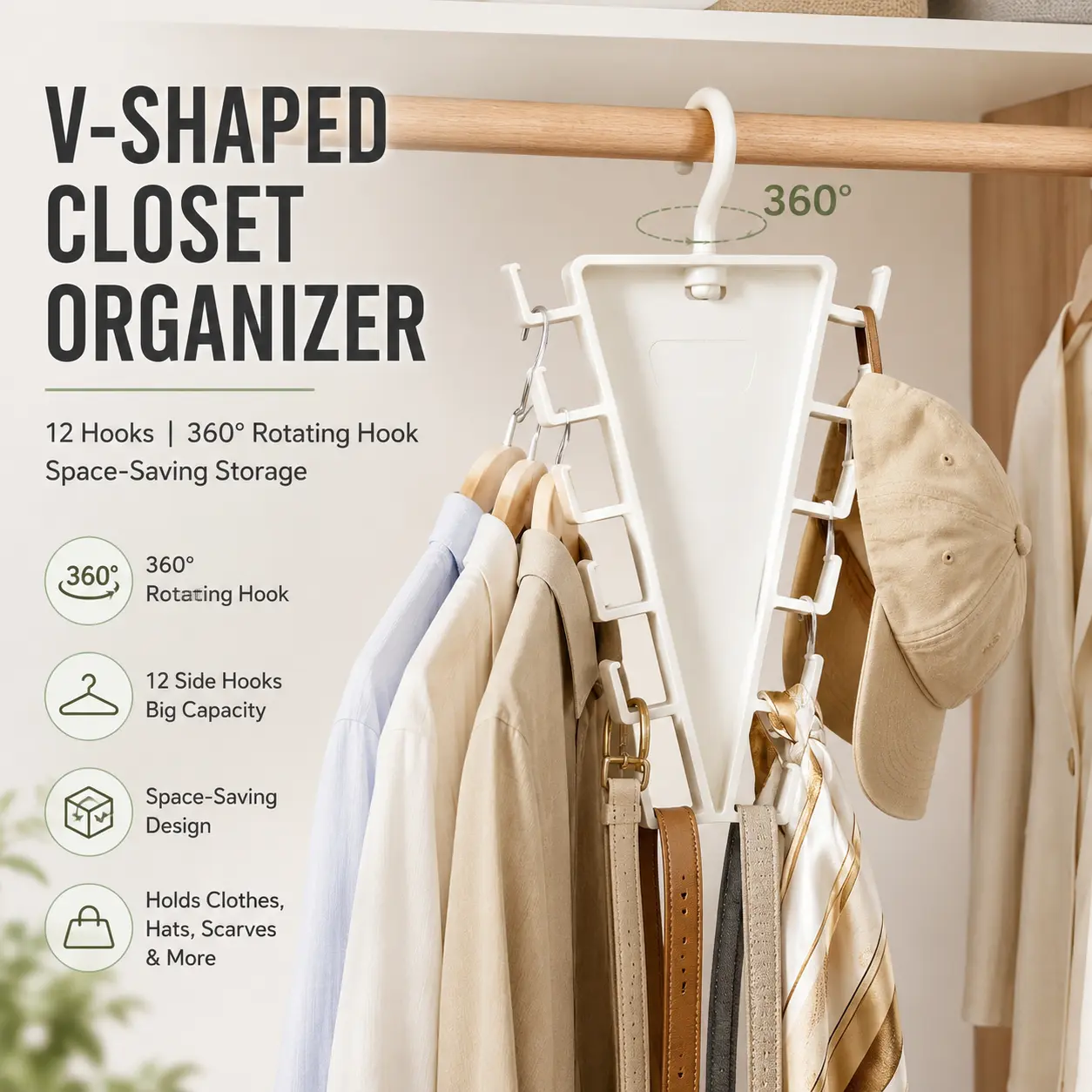 【3-Pack Value】 Multi-Functional PP Plastic Closet Storage Hanger - 12-Hook V-Shaped, 360° Rotating, Lightweight Hangers & Pegs, Apartment Essentials for Apartment Users