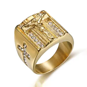 Luxury Hip Hop Punk Exquisite Synthetic Zircon Cross Pattern Stainless Steel Men's Ring Thanksgiving, Easter Gift