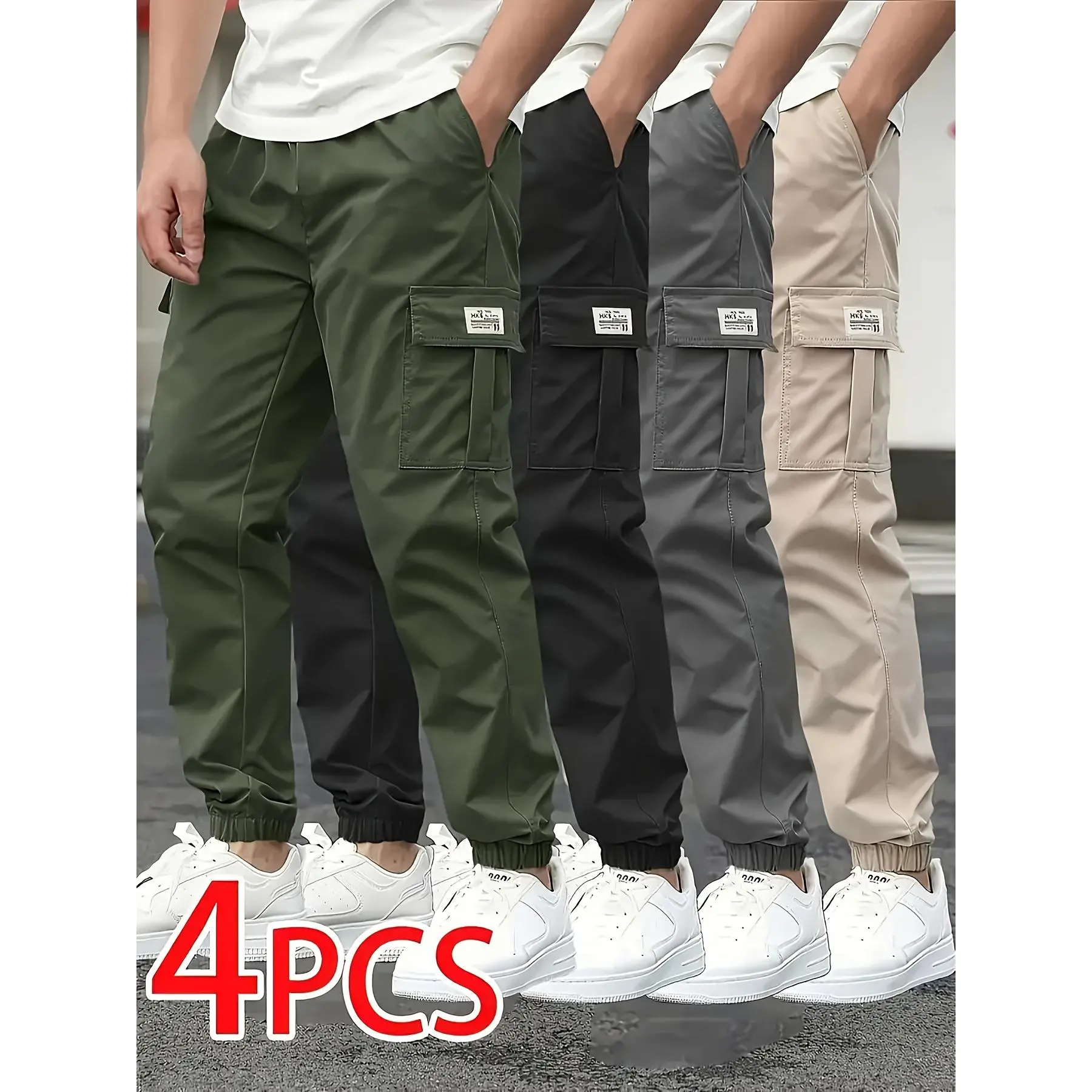 Men's Plain Woven Cargo Jogger Pants, Casual Loose Fit Trousers with Multiple Pockets for Comfortable All-Season Wear, No, Joggers, Baggy Mid-Rise Men's Pants, Casual Athleisure Pants