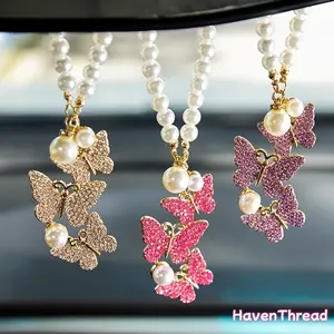 High-End Simulated Pearl Necklace Alloy Crystal Butterfly Car Pendant Hanging Ornament Decoration, Accessories For Car, Girly Car Accessories