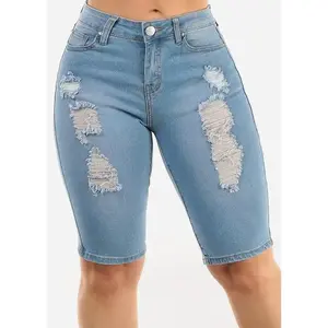 Stretchy Mid Rise Ripped Light Denim Bermuda Shorts