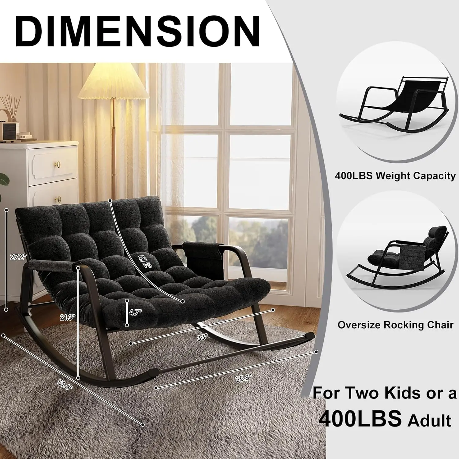 Rocking Papasan Chair, Indoor Outdoor Patio Rocking Chairs, Double Papasan Chair with Cushion, Oversized Modern Rocker Chairs for Living Room, Bedroom, Porch, Garden Black