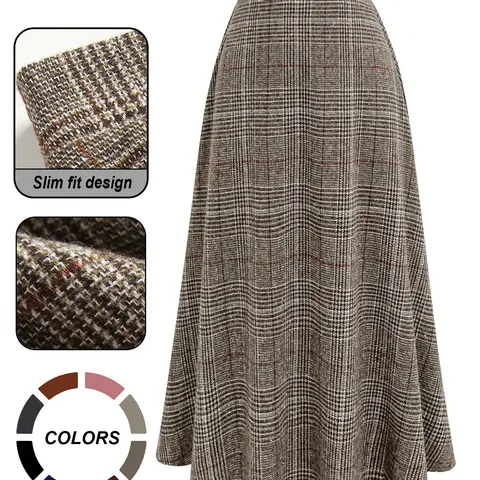 Women's High Waist Plaid A-Line Midi Skirt Slim Fit Textured Tweed Flared Long Skirts Vintage Dark Academia Preppy Aesthetic Office Workwear Business Casual Elegant Modest Fall Winter Spring Daily Outfits Old Money Viral