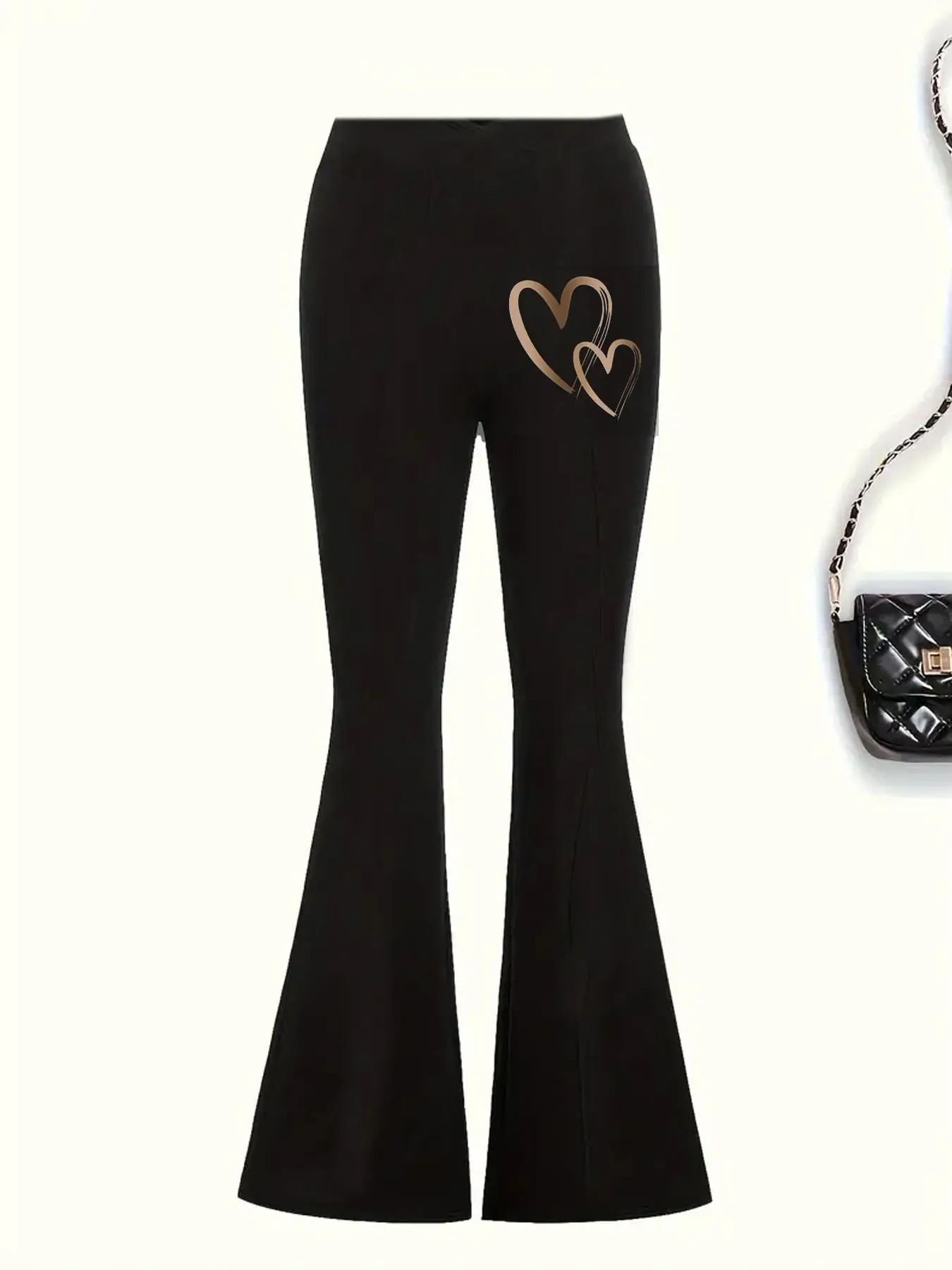 Girl's Heart Print Flare Leg Pants, Casual Comfy Bell Bottom Trousers for Spring & Fall, Kids Bottoms for Daily Wear