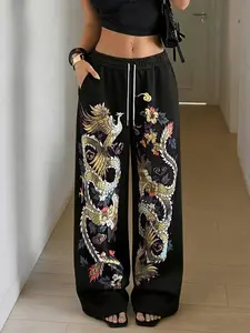 Women's Casual Long Pants, with Dragon Phoenix Pattern, Accents, Elastic Waist with Drawstring, Street Style