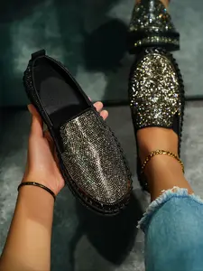 Comfortable Rhinestone Decorated Women's Slip-On Shoes, Round Toe Thick Sole PU Leather, Perfect for Spring Casual & Formal Wear