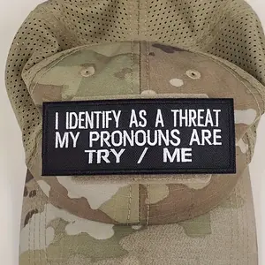 1PC I Identify As A Threat My Pronouns Try Me Embroidered Patch, Stylish Embroidery, Classic Embroidery, Back Adhesive Iron-On, Suitable for Clothes Jackets Hats Accessories