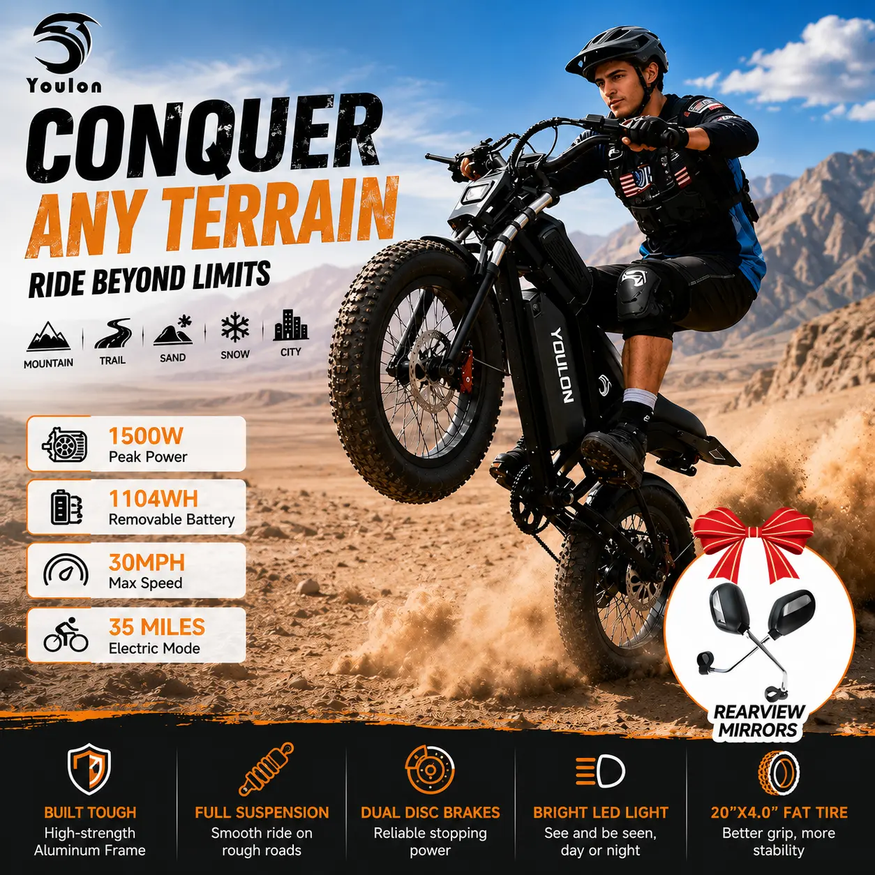 YOULON 1500W Peak  Electric Bike for Adults, 30MPH, 48V 23Ah Removable Battery, 20"x4" Fat Tire All-Terrain Ebike, 7-Speed Shimano, Dual Hydraulic Brakes, Full Suspension, 330LBS Load, IPX6 Waterproof Off-Road E-Bike summerwins