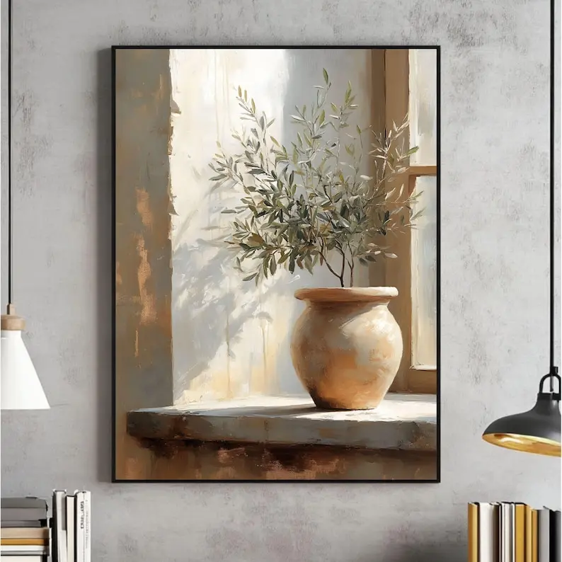 Olive Tree Still Life Painting Wall Art, Modern Organic Mediterranean, Vertical Print