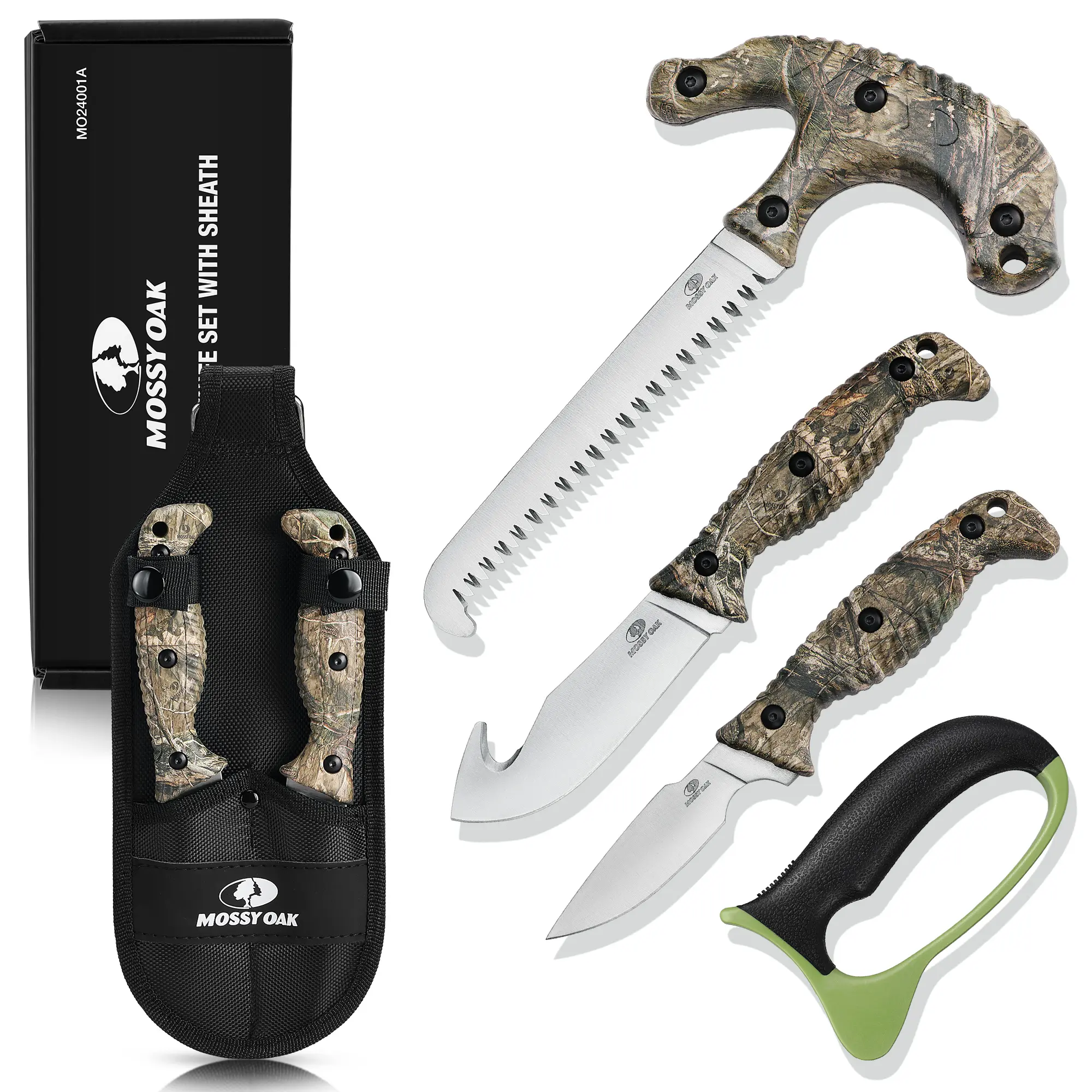 #fathersdaygift MOSSY OAK Field Dressing Kit, 4-Pack Knife Set with Sheath, Gut-Hook Skinner, Caping Knife, Wood/Bone Saw, Knife Sharpener, for Deer , Camping, Perfect Hunting Gifts for Men