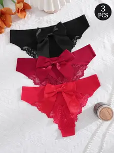 3PCS Women's Lace Hollow Bow Ditsy Floral Underwear, Sexy Feminine Fitted Natural Waist Panties, All Season Comfortable Lingerie