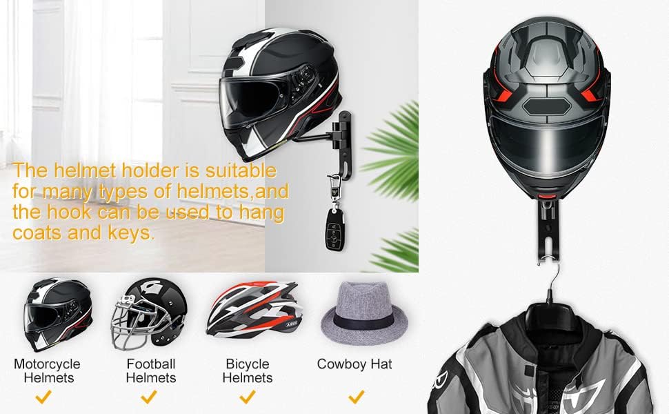 Motorcycle Helmet Holder Wall Mount Rack 180° Rotating Hanger with Double Hook for Jackets Caps Hats Bike Storage Organizer