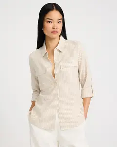 Express Summer-Blend Linen Striped Rolled Sleeve Utility Portofino Shirt