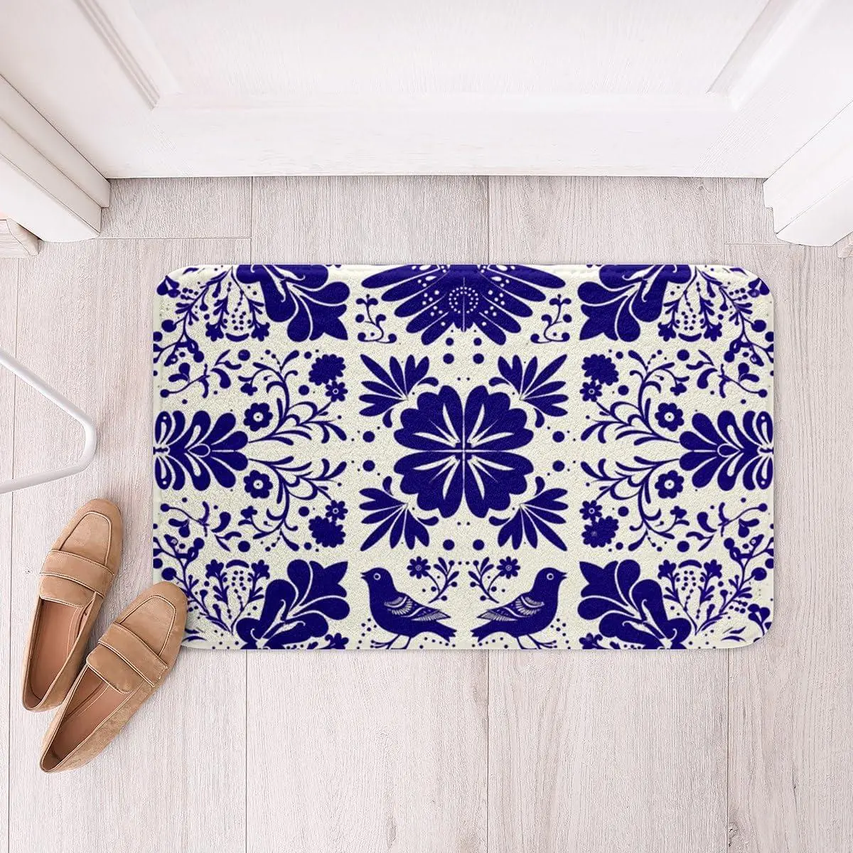 an Talavera Tile Bathroom Rug Set - Vintage Floral o Bath Mat,Ethnic Patchwork Doormat Adults,Blue White Flower Aesthetic Bath Rug Room Decor(Non Slip)
