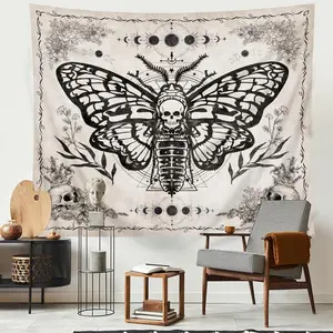 Skull Moth Tapestry Gothic Wall Art 59Wx51H Inch Vintage Butterfly Skeleton Floral Moon Phase Witchy Crescent Astrology Mystic Black Beige Wall Hanging Bedroom Living Room Dorm Decor Fabric, Artwork Print Tapestries, Boho Print Tapestries