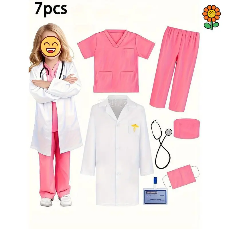 Girls' 7pcs Doctor Roleplay Costume Playset - 100% Polyester Loose Cut Pocketed Coat Outfit with Top, Pants, Hat, Mask, Bib, Stethoscope for 3-10Y Old Stage Dress-Up