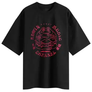 Round Neck Black T-Shirt with Red Frog and EDWIN MUSIC CHANNELS Print for Casual Wear Menswear Tops