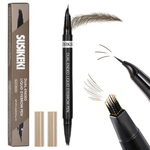 Women's 2 in 1 Eyebrow Pencils - Dual-Ended Microblading Pencil with Micro-Blade Tip & 4D Brow-Fection Brush, Hair-Like Strokes, Waterproof, Smudge-Proof, 01 Light Brown, 03 Dark Brown, At-Home Brows Makeup