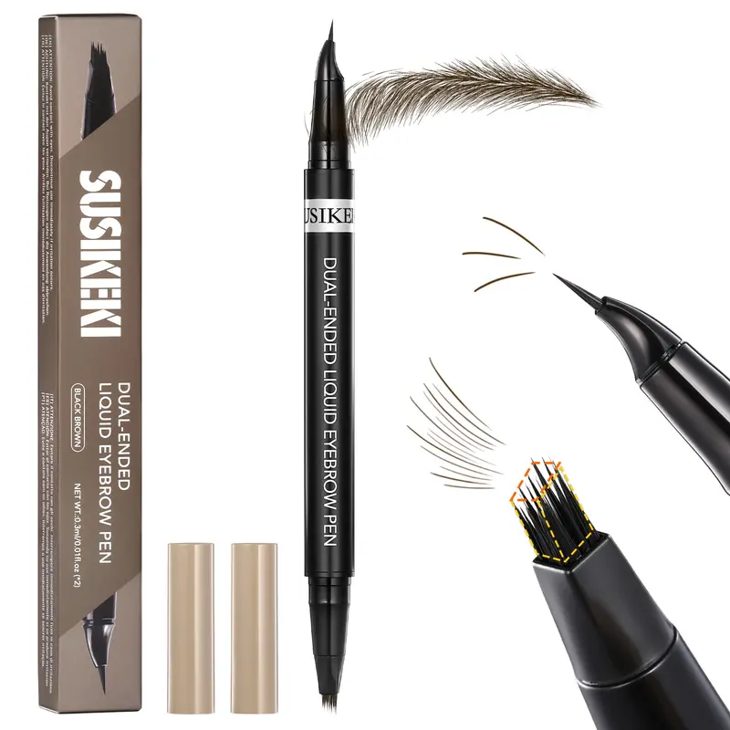 Women's 2 in 1 Eyebrow Pencils - Dual-Ended Microblading Pencil with Micro-Blade Tip & 4D Brow-Fection Brush, Hair-Like Strokes, Waterproof, Smudge-Proof, 01 Light Brown, 03 Dark Brown, At-Home Brows Makeup