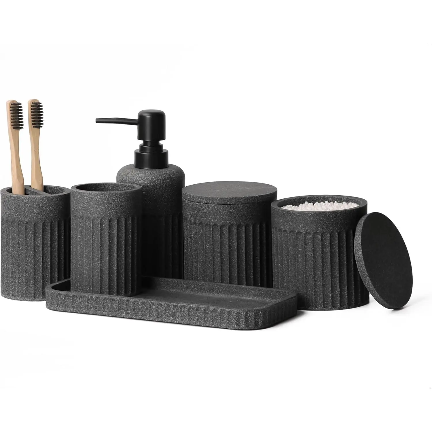 Dark Grey 6-Piece Bathroom Organizer Supplies Set - Compact, Durable Bathroom Gadget Kit with Leakproof Soap Dispenser, Dental Care Toothbrush Holder, Tumbler, Vanity Tray, 2 Qtip Holders for Home Organization & Decor
