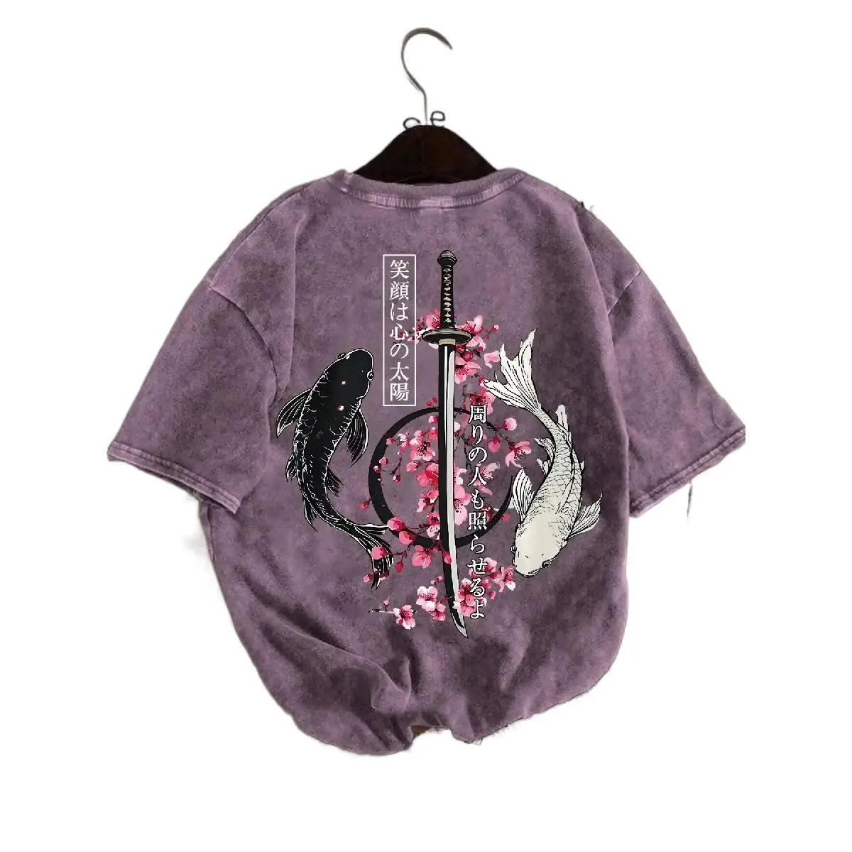 Women's Essential Classic Oversize Washed Round Neck Thin Japanese Yin Yang Koi Sword Print Short-Sleeve T-Shirt, Personalized Loose-Fit Streetwear, Summer Cultural Vintage Casual Outfit, T Shirts, Shirts For Women
