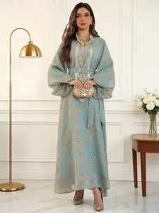 Elegant Embroidered Mesh Abaya Dress, Muslim Middle Eastern Islamic Fashion, Ramadan Sacrifice Festival Wear, Loose-Fit Casual Style, Belted Abaya