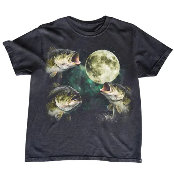 Bass Fishing Moon 90s Vintage Graphic T Shirt, Retro Largemouth Fish Tee, Angler Fisherman Gift- Unisex Menswear & Womenswear - Streetwear Tops - Casual Cotton Crewneck Shortsleeve Tshirt