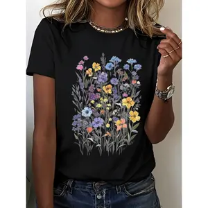 Women's Boho Floral T-Shirt 100% Cotton Crew Neck Short Sleeve Casual Top