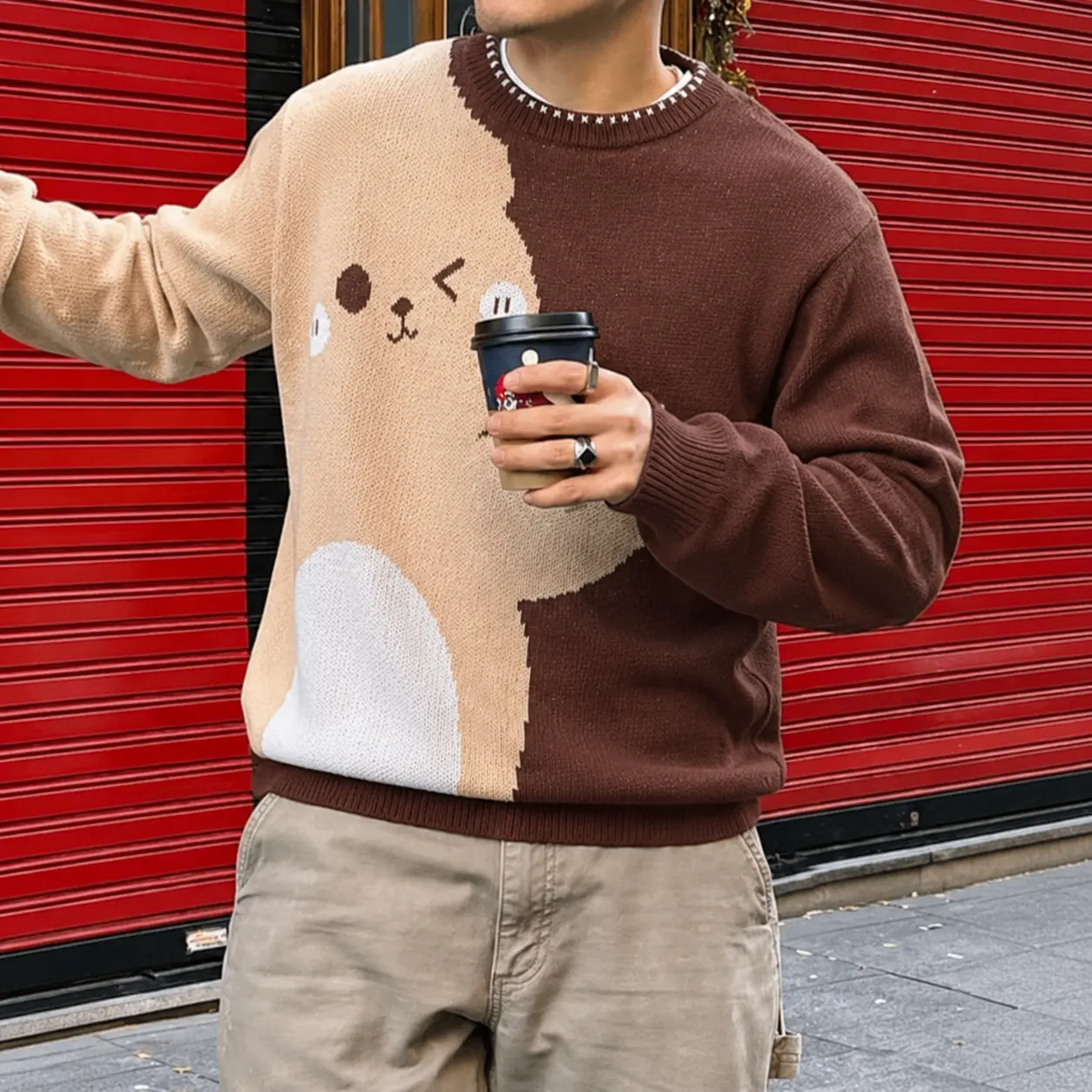 Men's Casual Long-Sleeve Round Neck Pullover Sweater - Premium Soft Fabric, Loose-Fit Knitwear with Cute Cartoon Bear Patchwork Jacquard Design for Comfort