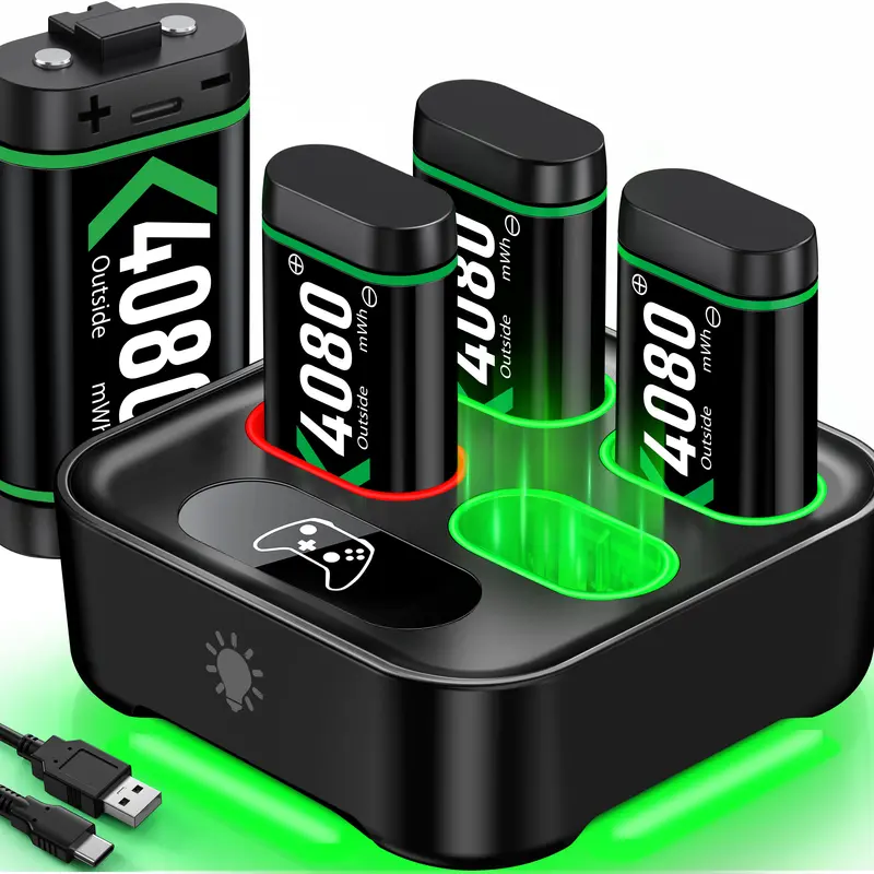 ESYWEN Portable 4-Slot Compact USB-C LED Light Charging Station with 4x4080mWh Rechargeable Batteries, Controller Accessories for Xbox Series S/X & Xbox 1 S/X (10-12H Runtime, 1-Year Customer Service & In-Time After-Service Support)
