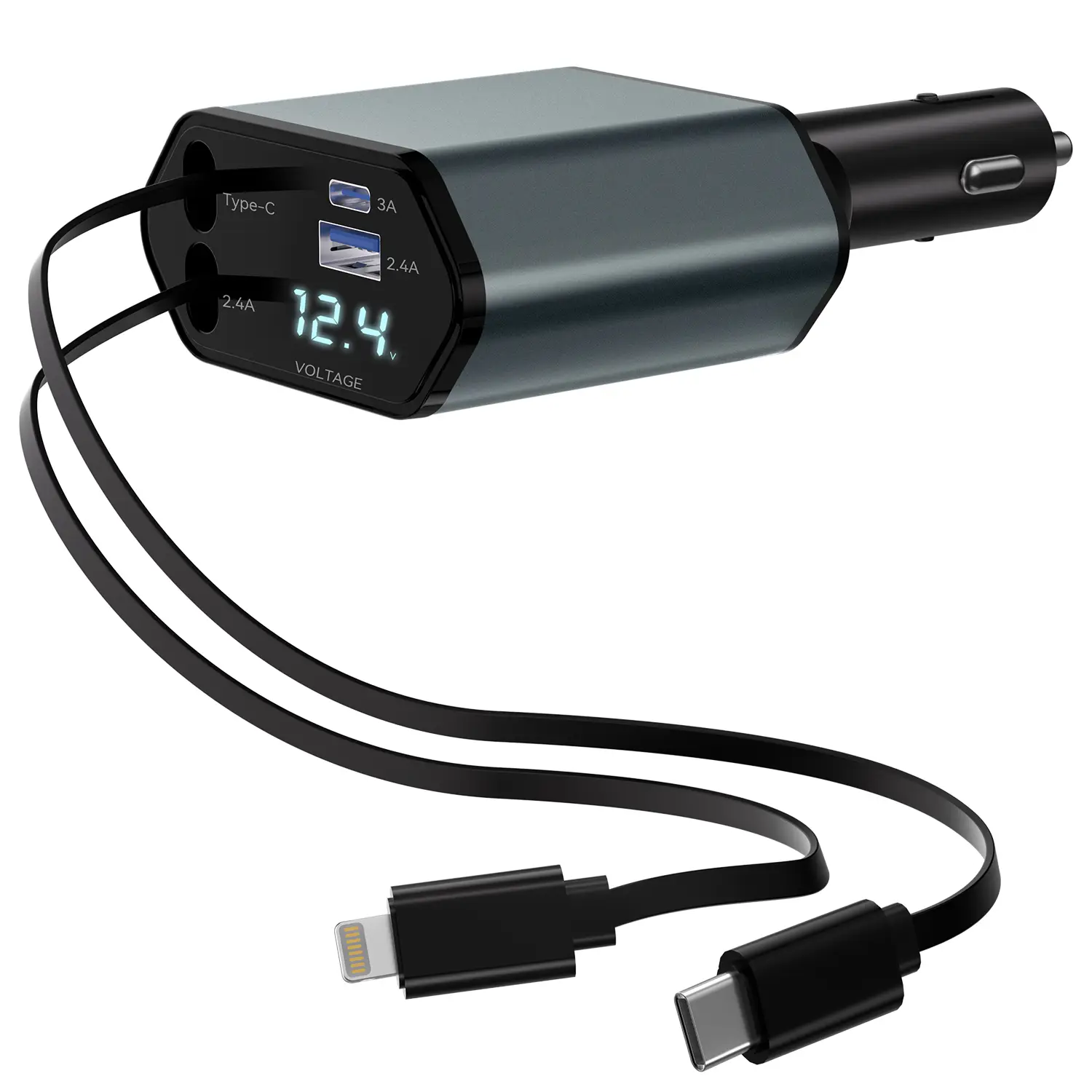 Retractable Car Charger, 4 in 1 Fast Charge Car Adapter [Max 67W] with Lightning Cable and Dual Charge Port , Compatible with iPhone/ Airpods/ Samsung