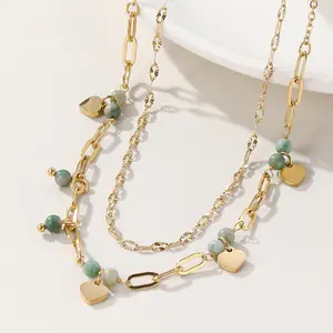 ZELESTE Jade Layered Chain Necklace Chain Necklace With Green Beads Gold Plated Heart Shape Pendants Tussle