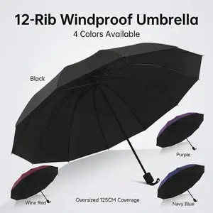 12-Rib Windproof Oversized Umbrella – 125CM Large Canopy, Heavy-Duty Steel Frame, UV-Coated Rain & Sun Protection