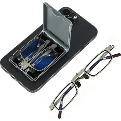 Unisex Portable Folding Pocket Reading Glasses with Metal Frame, Anti-Fatigue & Anti-Blue Light HD Lenses, Slim Profile Phone-Attachable Storage Case, Lightweight Pads for Travel Office Use
