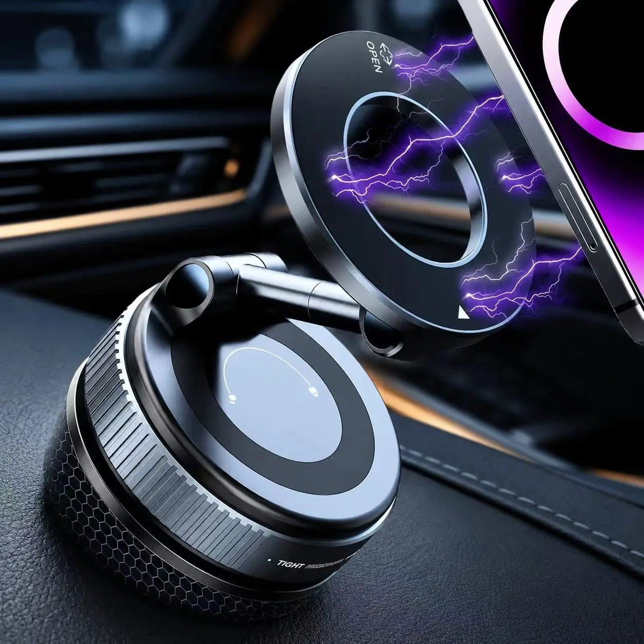 Upgraded Magnetic Cell Phone Car Mount - Unpowered 360° Rotatable, Adjustable, Foldable Vacuum Holder, Universal Smartphone Holder for iPhone & Android, No Noise, Holds Phones Securely