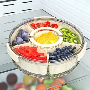 6-Compartment Transparent Snack Box with Lid & Handle, 360° Rotating Base, Plastic Kitchen Refrigerator Seal Box, Portable Fruit Candy Nut Tray