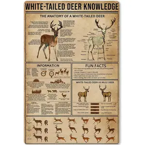 Metal Tin Sign White-Tailed Deer Knowledge Hunting Knowledge Poster Unplaning Infographics Farmhouse Farm Home Kitchen Club Wall Plaque 8x12 Inches