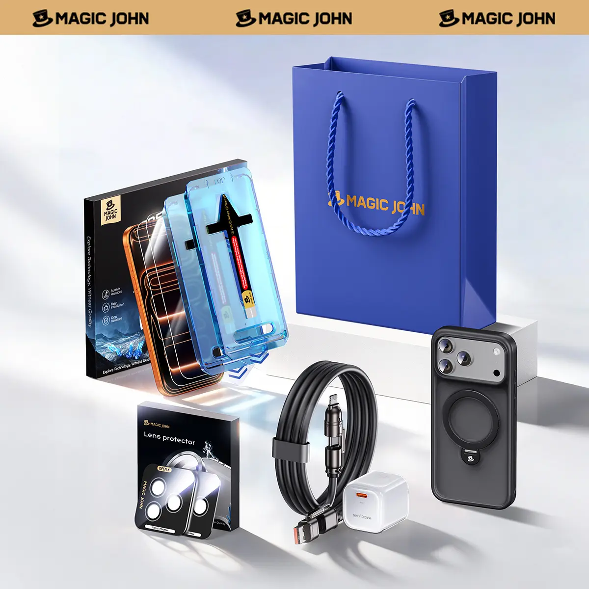 MAGICJOHN Digital Value Bundle for iPhone17Pro&Pro Max Includes HD or Privacy Tempered Glass Screen Protector, Camera Lens Protector, 360° Rotating Magnetic Stand Phone Case, 45W Super Fast Charger, and 65W USB-C 4-in-1 Charging Cable