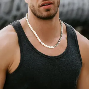 Necklace, half 8MM white pearl and half 8MM Cuban chain