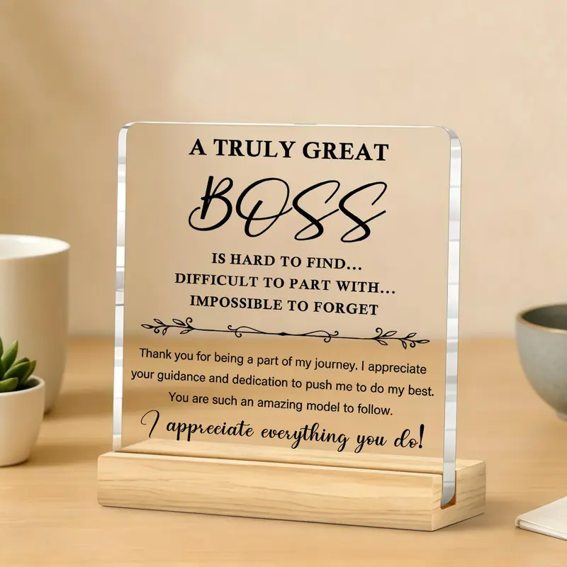 Acrylic Wooden Decorative Plaque-Signs, 15cm (h) x 20cm (w) Commemorative Appreciation Gift for Bosses, Home Desk Display, Office Room Decor Accessories