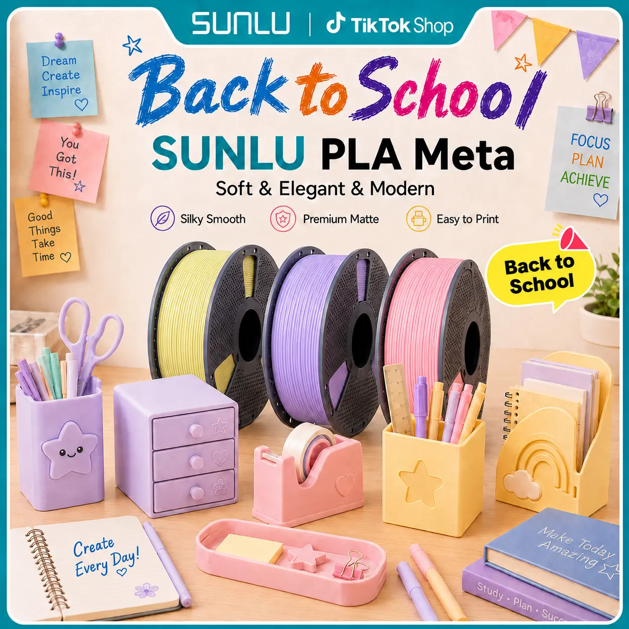Back to School | SUNLU PLA Meta 3D Printer Filament, 1KG Macaron Colors, High-Speed Printing, Glossy Finish, Low Warping, Ideal for School, Office & Creative Projects