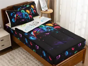 Gamer Printed Zipper Bedding Sets  for  Boys Lightweight Microfiber Space Comforter Set with Fitted Sheet Pillow Covers,Black