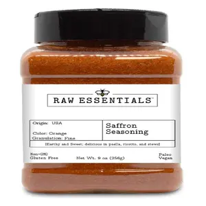 Raw Essentials Saffron Seasoning - Earthy and Sweet - Delicious in Paella, Risotto, and Stews - Luxurious Non GMO, Gluten Free, Paleo and Vegan Blend - 9 Ounce Bottle